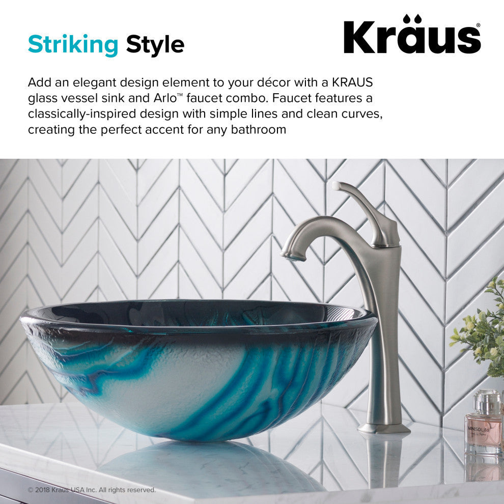 Glass Vessel Sink, Bathroom Arlo Faucet, Drain, Ring, Spot Free Stainless Steel