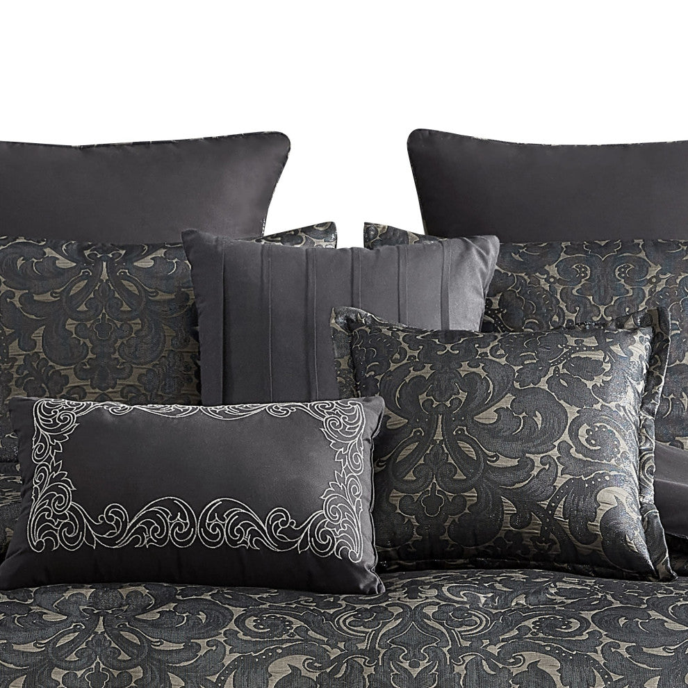 Benzara BM283918 9 Piece Polyester King Comforter Set, Charcoal Gray