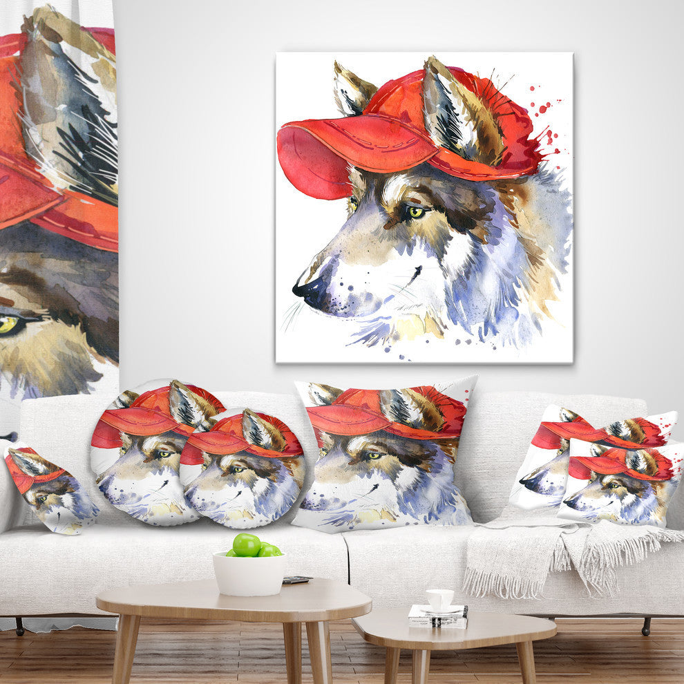 Wolf With Red Cap Illustration Animal Throw Pillow, 18"x18"