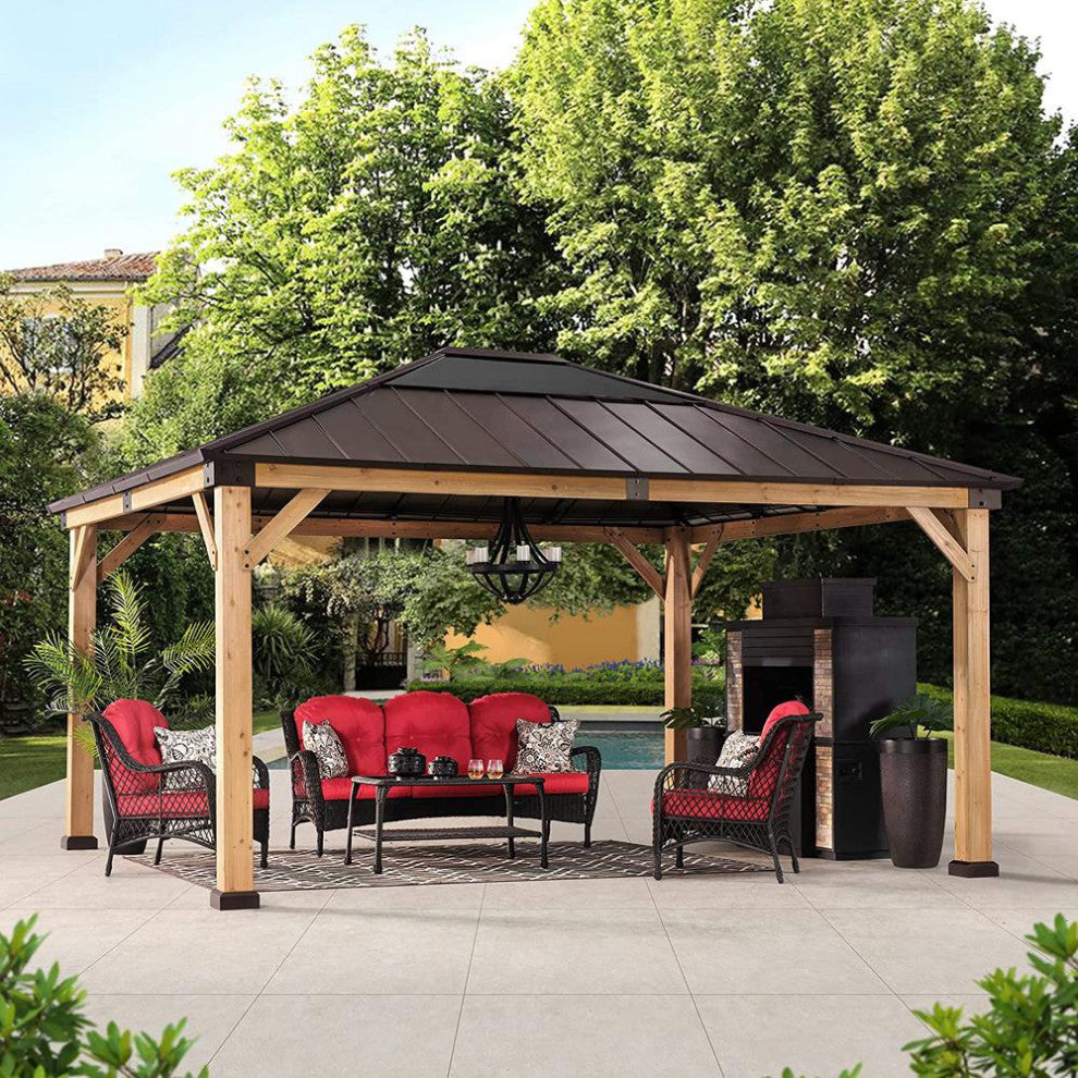 13 ft. x 15 ft. Cedar Framed Gazebo with Brown Steel and Polycarbonate Hip...