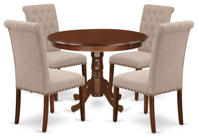5Pc Dining Set, Round Table, Four Parson Chairs, Light Fawn Fabric, Mahogany