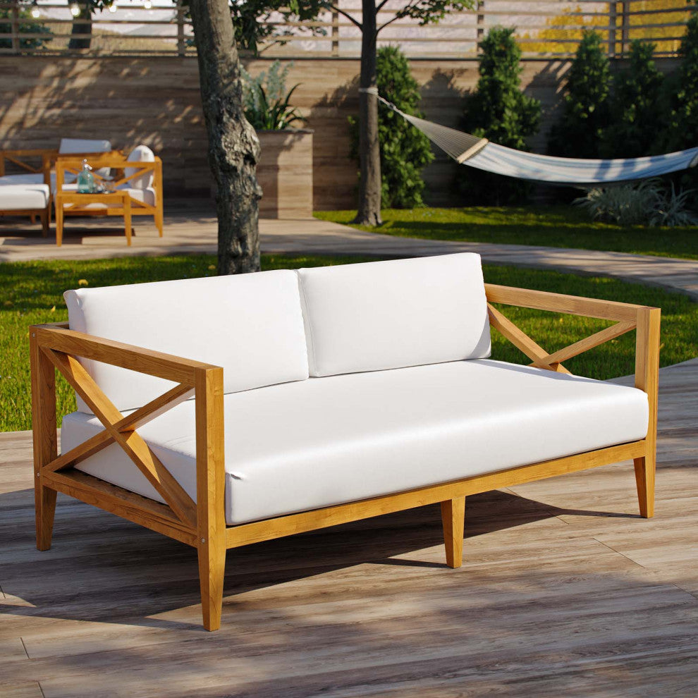 Modern Designer Outdoor Patio Garden Furniture Lounge Sofa, Wood, Natural White