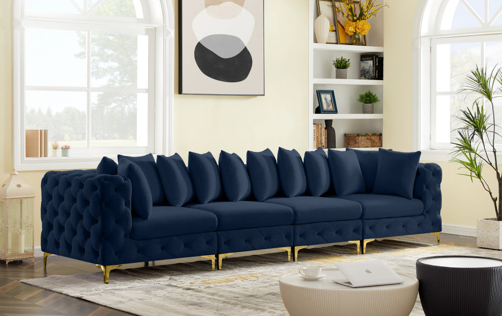 Tremblay Velvet Upholstered 4-Piece Modular Sofa, Navy