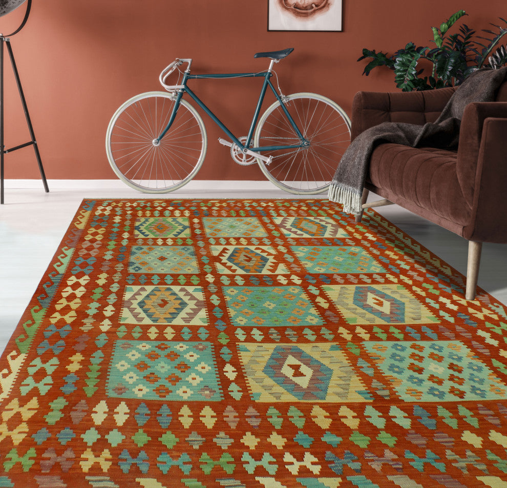 Sangat Kilim Danagul Rust/Green Rug, 8'0x9'6