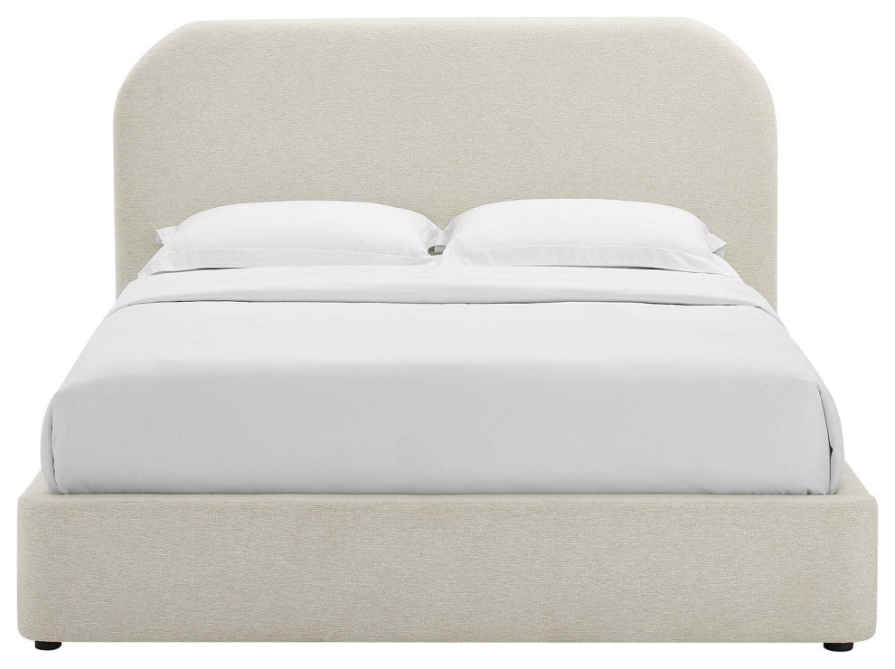 Keynote Upholstered Fabric Curved King Platform Bed, Heathered Weave Ivory