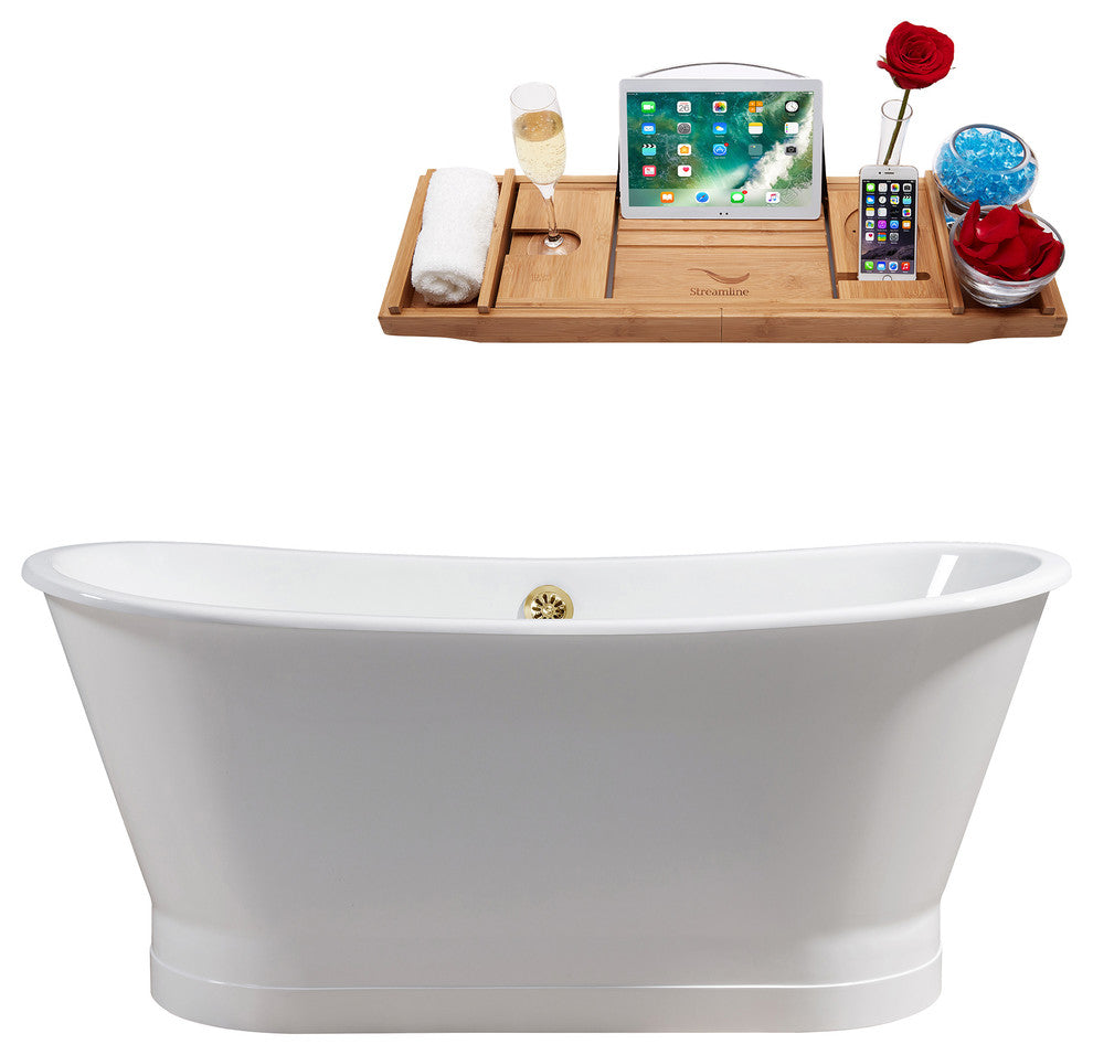 67" Cast Iron R5042GLD Soaking Freestanding Tub and Tray With External Drain