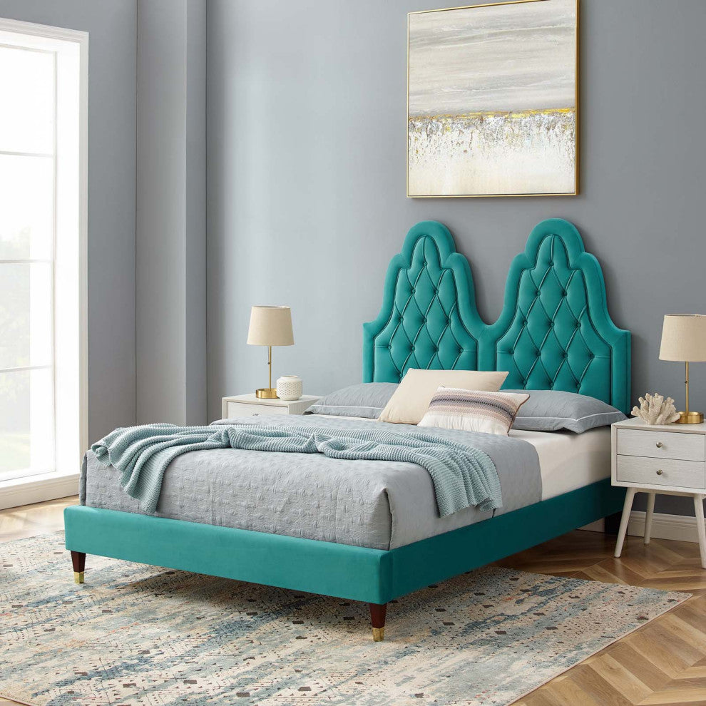 Tufted Platform Bed Frame, Twin Size, Velvet, Teal Blue, Modern Contemporary