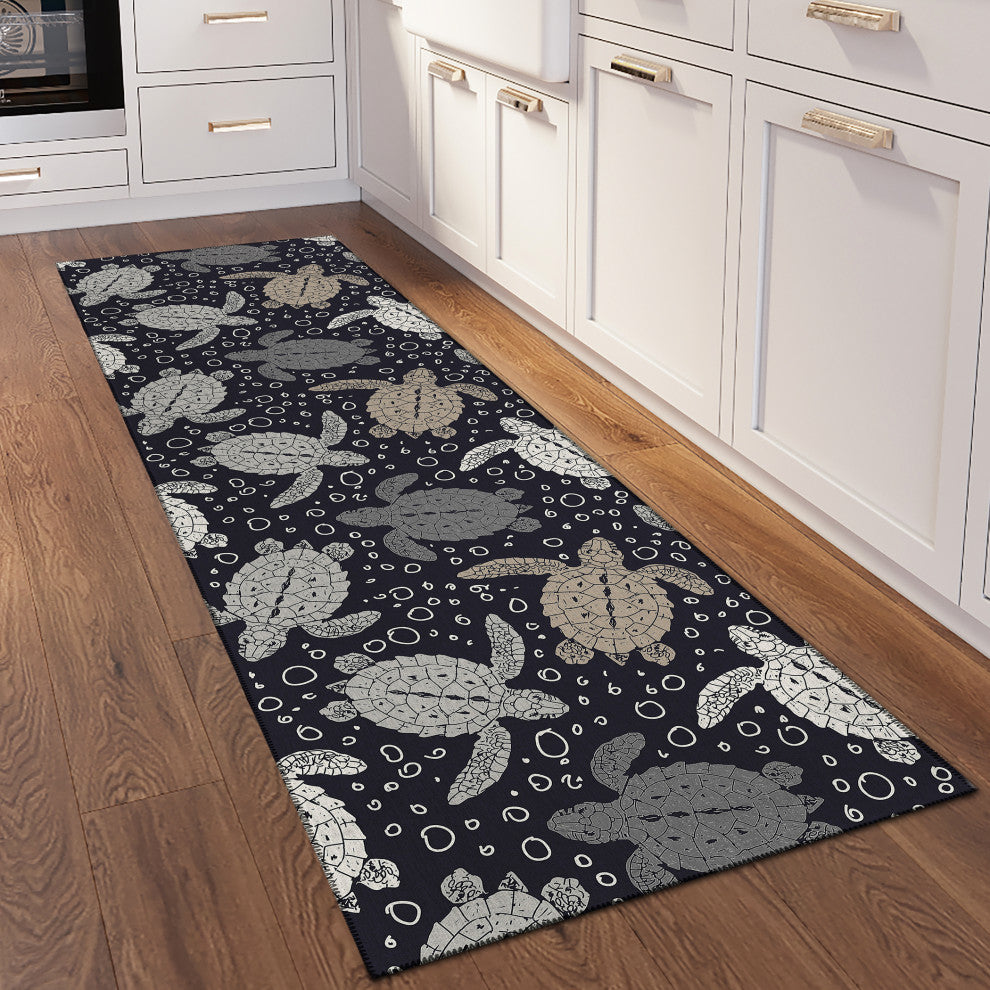 Indoor/Outdoor Seabreeze SZ13 Black Machine Washable 2'3" x 7'6" Runner Rug