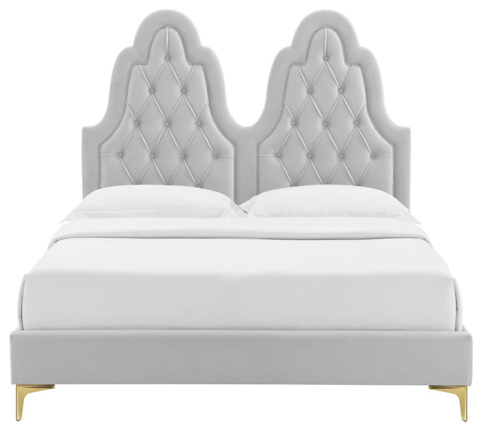 Tufted Platform Bed Frame, Twin Size, Velvet, Gray, Modern Contemporary