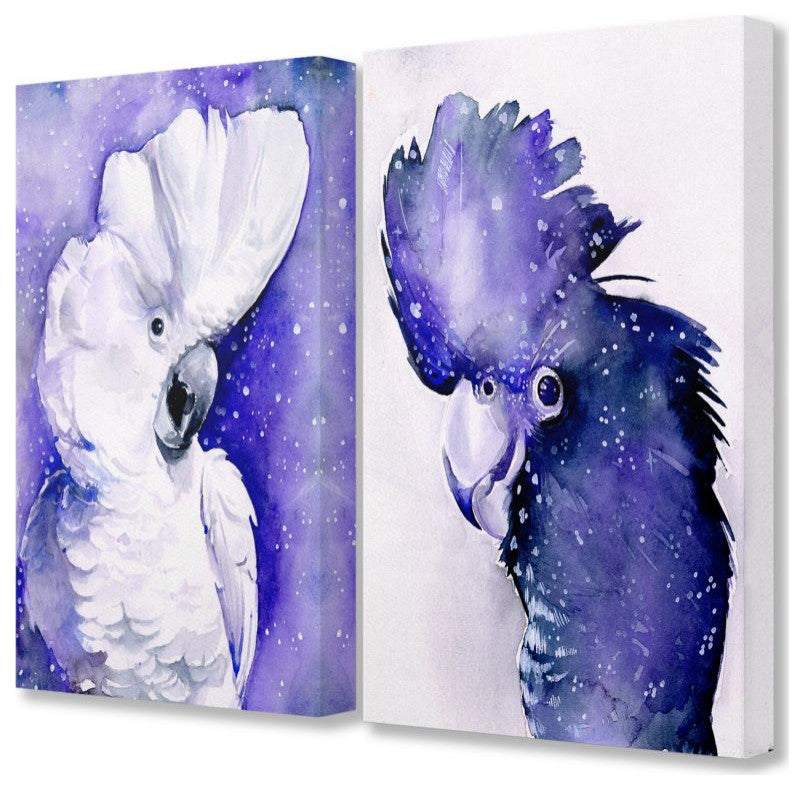 Space Birds Purple Watercolor Animal Painting 2-Piece Set, 24"x30", Canvas Wall