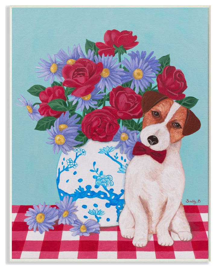 Flower Vase With Dog Red Blue Animal Pet Painting, 13"x19"