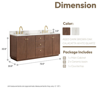 Oza Bath Vanity with Quartz Stone Top, Aged Dark Brown Oak, 72", Double Vanity, No Mirror