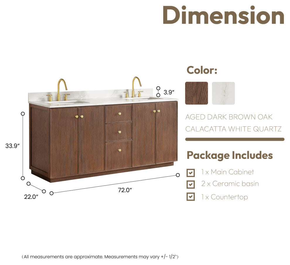 Oza Bath Vanity with Quartz Stone Top, Aged Dark Brown Oak, 72", Double Vanity, No Mirror