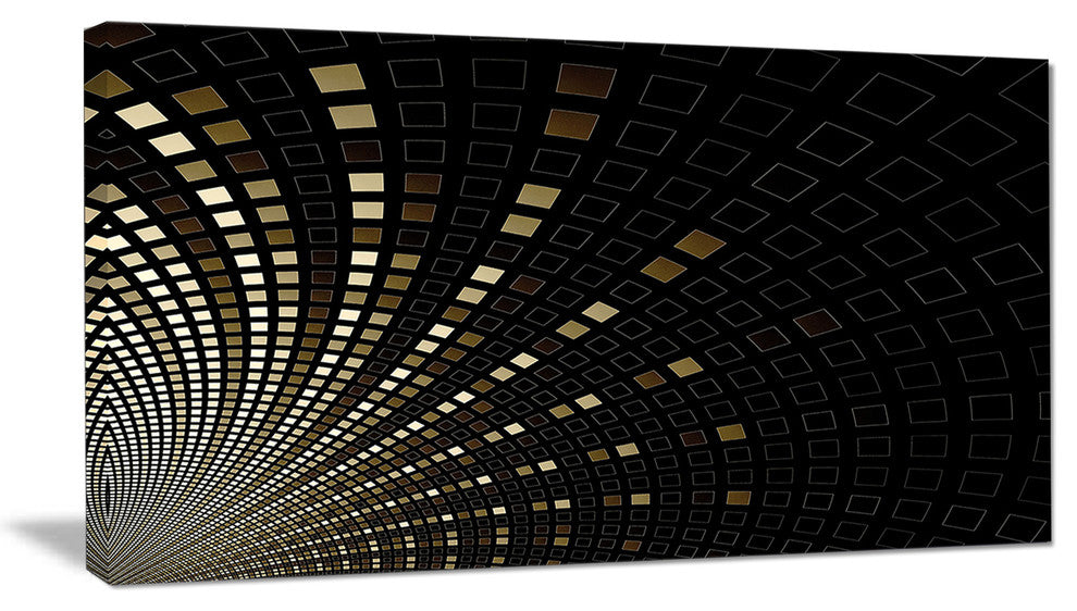 Gold Square Pixel Mosaic on Black, Abstract Art on Canvas, 32x16