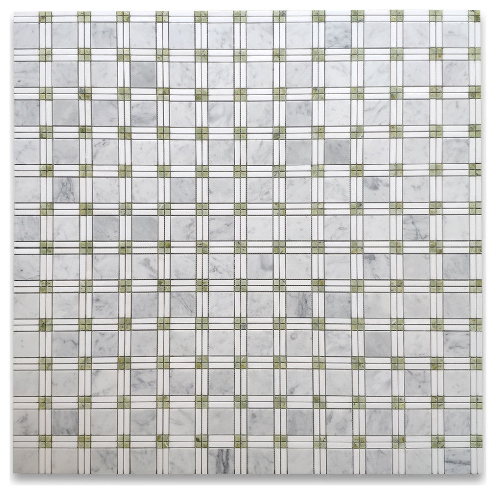 Carrara White Marble Plaid Tartan Mosaic Tile Green Jade Thassos Honed, 1 sheet