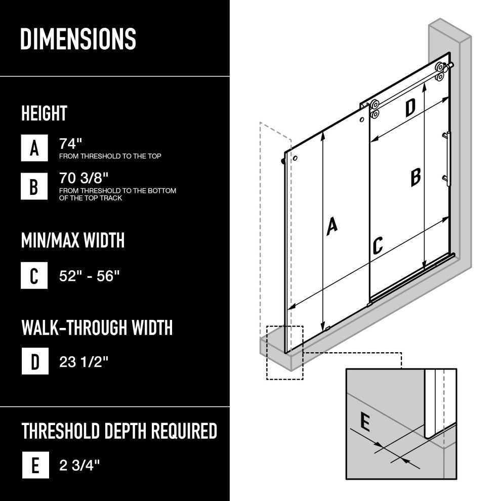 VIGO Elan 52" to 56" W x 74" H Frameless Sliding Shower Door, Matte Black, Clear Glass