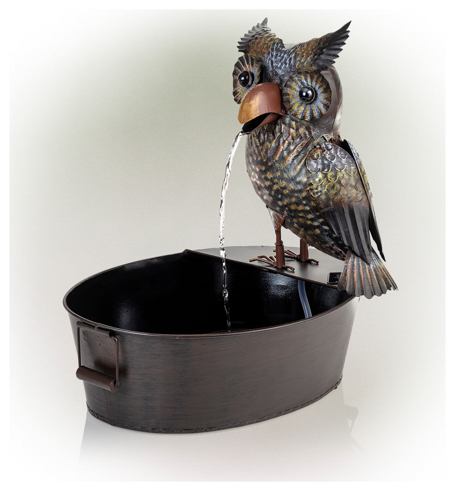Alpine Metal Owl on a Tin Fountain, 23" Tall
