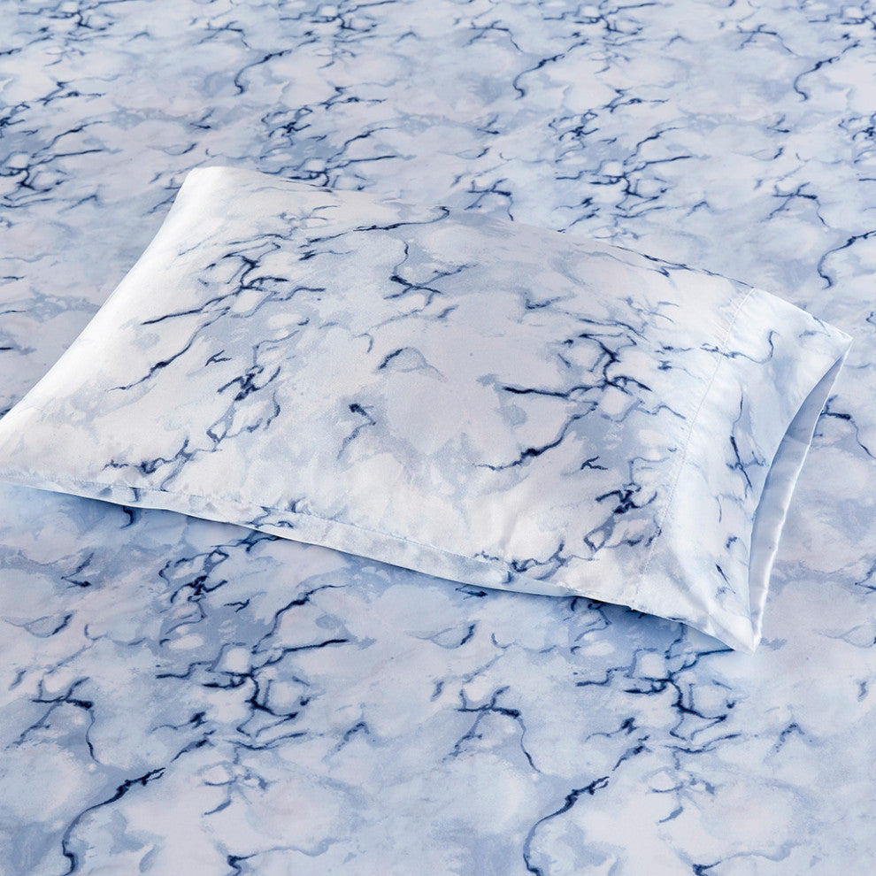 Madison Park Essentials Printed Satin Sheet Set, Queen Blue Marble