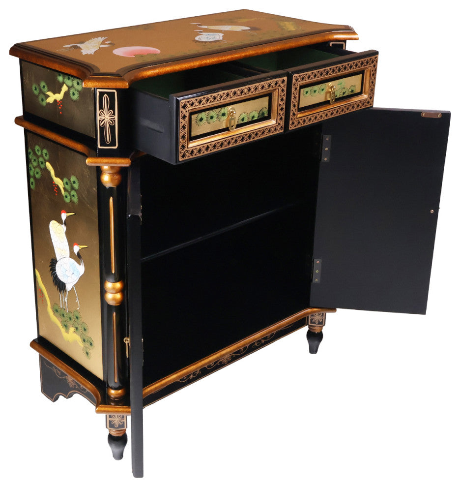 Empire Style Oriental Cabinet, Black lacquer With Gold Leaf Handpainted, 32"