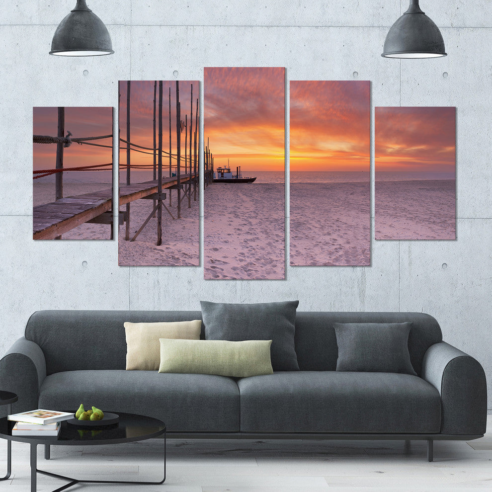 Texel Island Seaside Jetty Panorama, Seashore Canvas Wall Art, 60"x32", 5 Panels