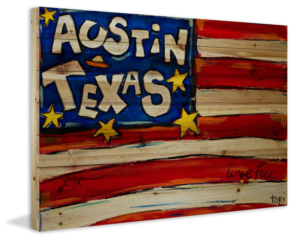 "Austin Flag" Print on Natural Pine Wood by Tori Campisi Painting