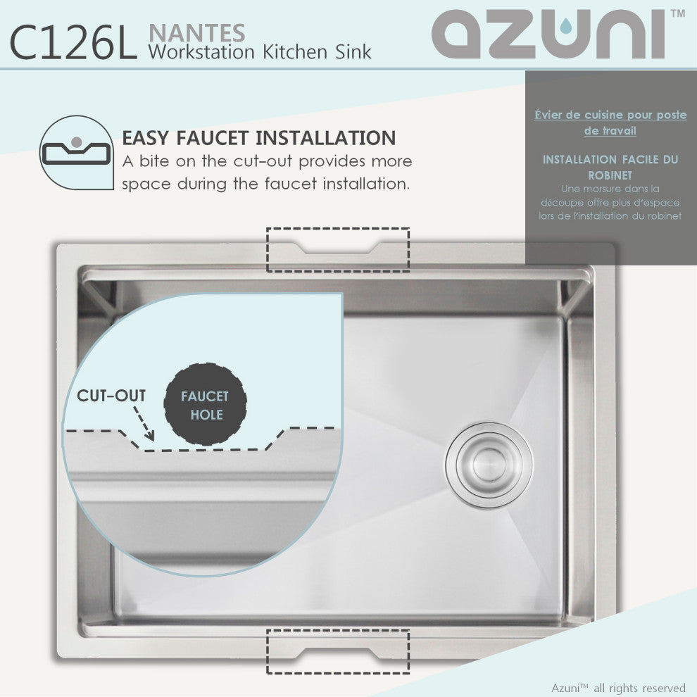 AZUNI 25"L x 19"L Single Bowl Undermount 16G Reversible Workstation Kitchen Sink