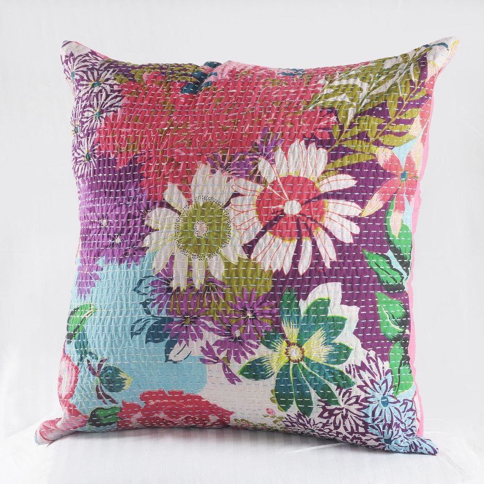 Floral Garden Kantha Throw Pillow