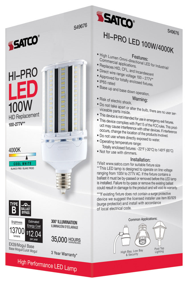 100W LED HID Replacement, 4000K, Extended Mogul Base, Type B Ballast Bypass