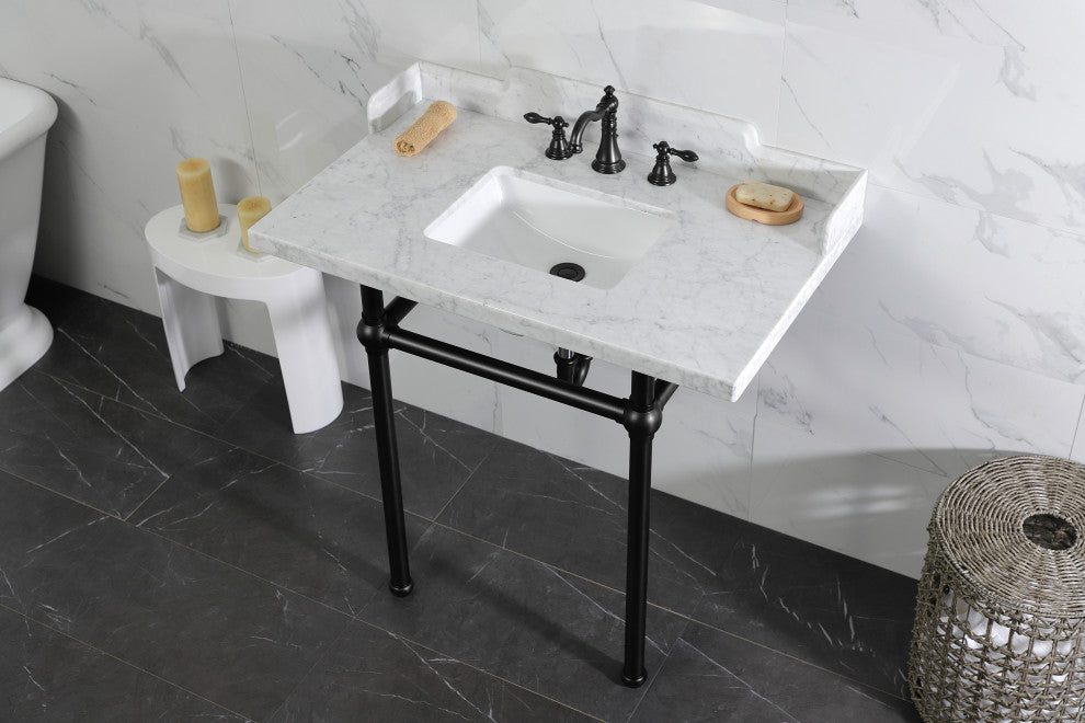 Kingston Brass LMS36MBSQ0 36" Carrara Marble Console Sink, Legs