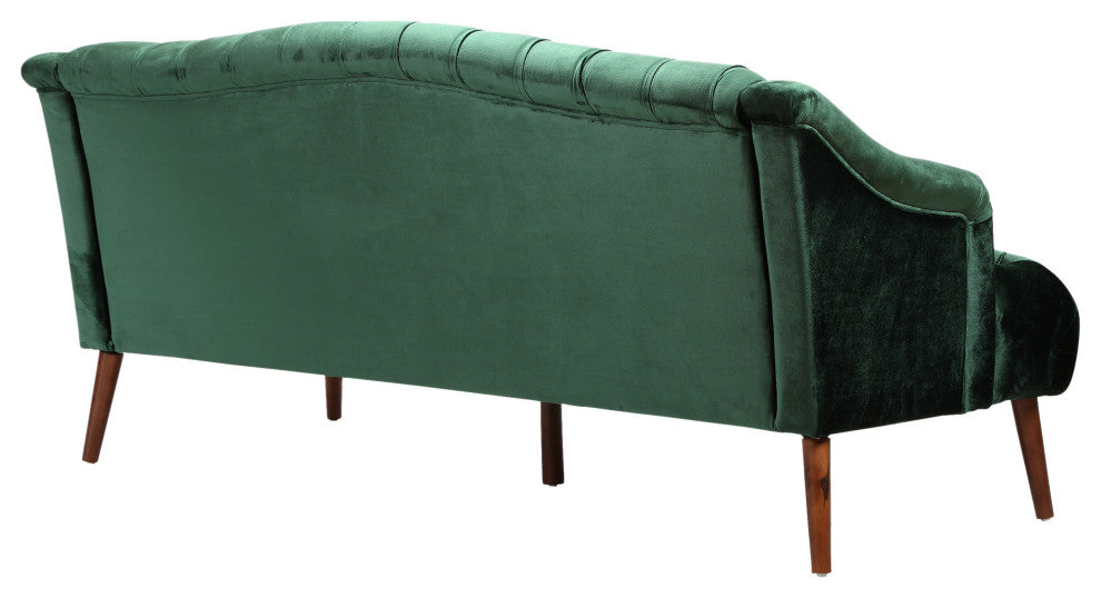 Esther Modern Glam Tufted Velvet 3 Seater Sofa, Emerald, Walnut Finish