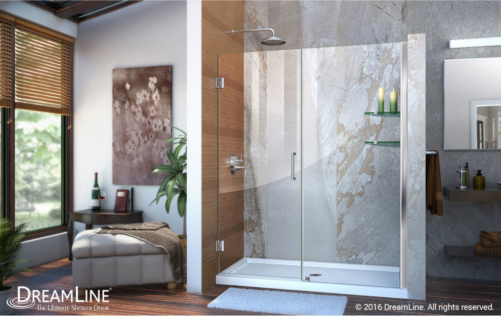 DreamLine Unidoor 60" to 61" Frameless Hinged Shower Door, Clear Glass, Chrome