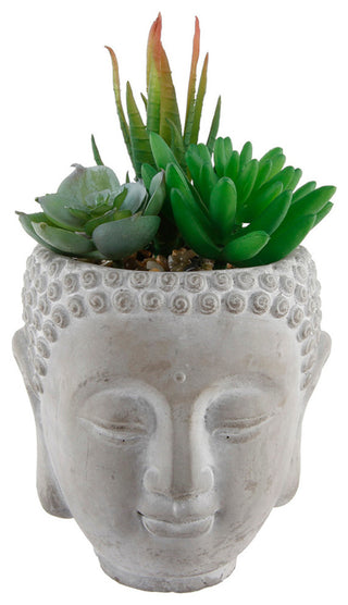 Front-facing shot on white background showing full Buddha planter with succulents.