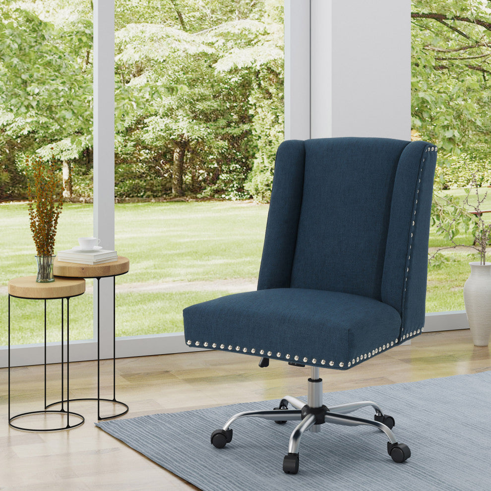 GDF Studio Quentin Contemporary Fabric Swivel Office Chair, Navy Blue/Chrome