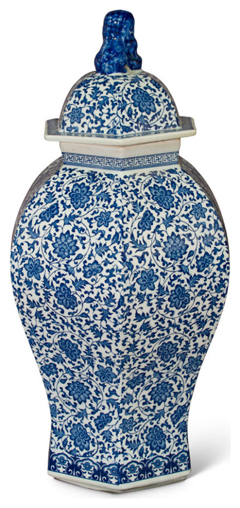 Floral Blue and White Oriental Ginger Jar with Foo Dog Motif Lid