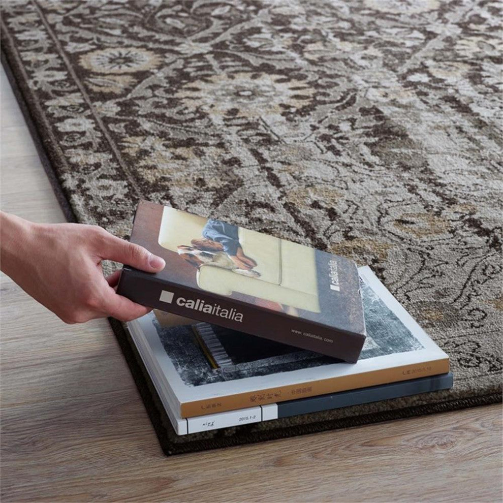 Ganesa Distressed Diamond Floral Lattice 5x8 Area Rug in Black and Beige