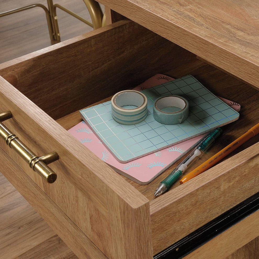 Unique L-Shaped Desk, Golden Metal Frame With Sindoori Mango Top and Drawers