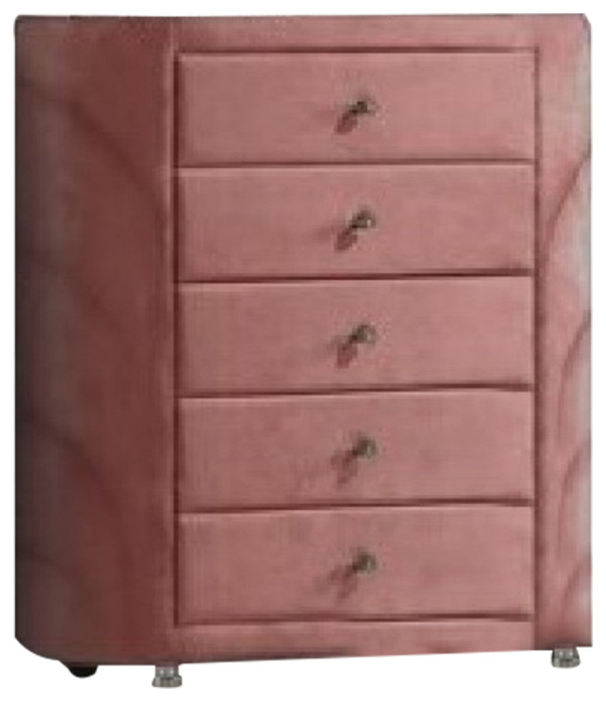Benzara BM275663 Tall Dresser Chest, 5 Drawers, Round Metal Knobs, Velvet, Pink