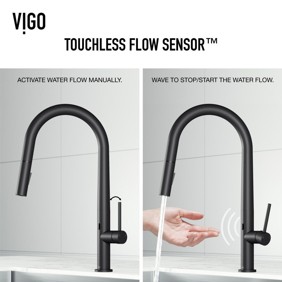 VIGO Greenwich 18" H Single Handle Pull-Down Sprayer Kitchen Faucet, Matte Black, Touchless, Without Extras