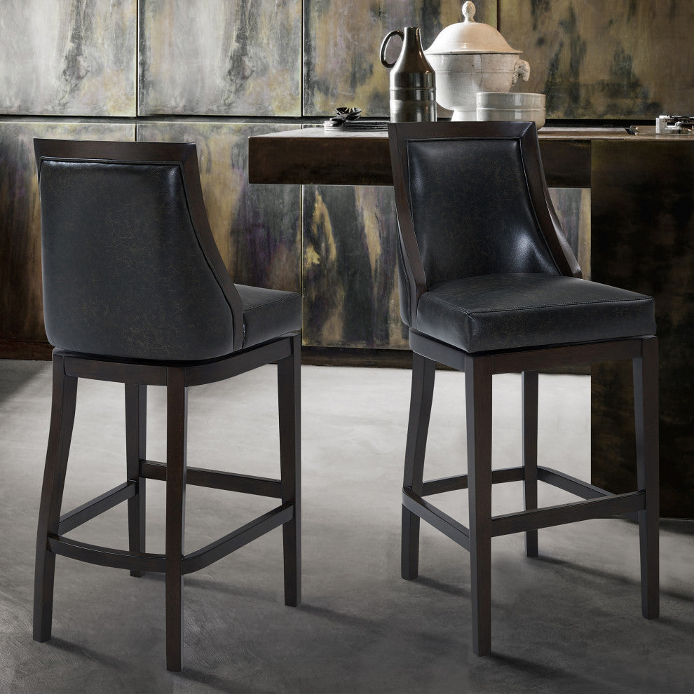 Presley 30" Bar Height Swivel Barstool In Espresso Finish, Onyx Faux Leather