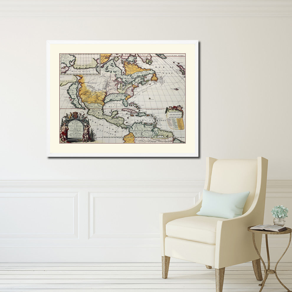 North America Vintage Old Map Print On Canvas With Picture Frame 28" X 37"