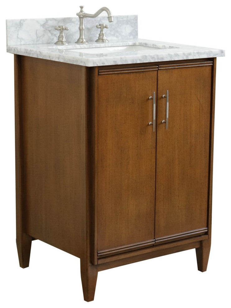 25" Single Sink Vanity, Walnut Finish With White Carrara Marble