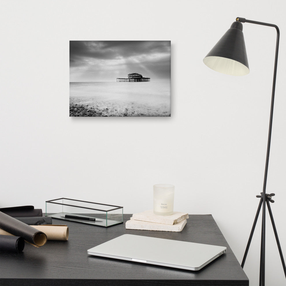 Abandoned West Pier Coastal Seascape Black & White Photo Canvas Art Print, 12" X 16"