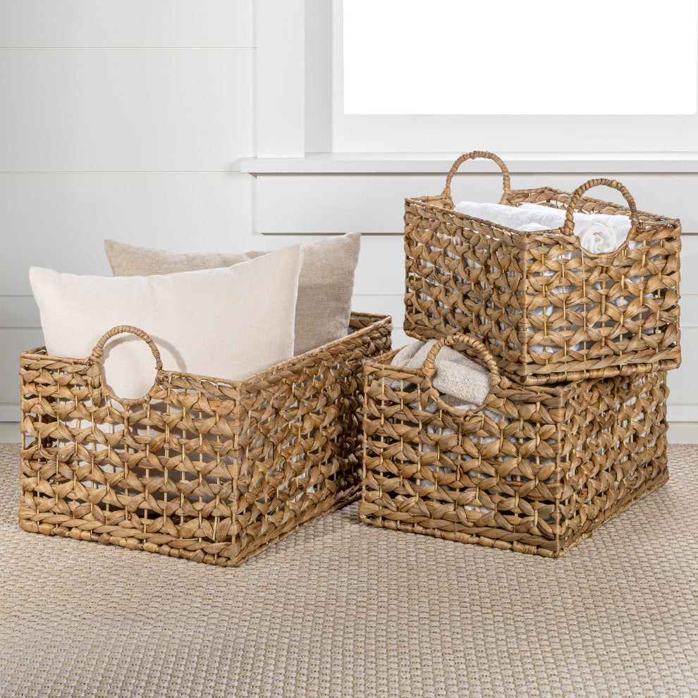 Quinn Cottage Woven Hyacinth Rectangular Storage Baskets With Handles, Set of 3
