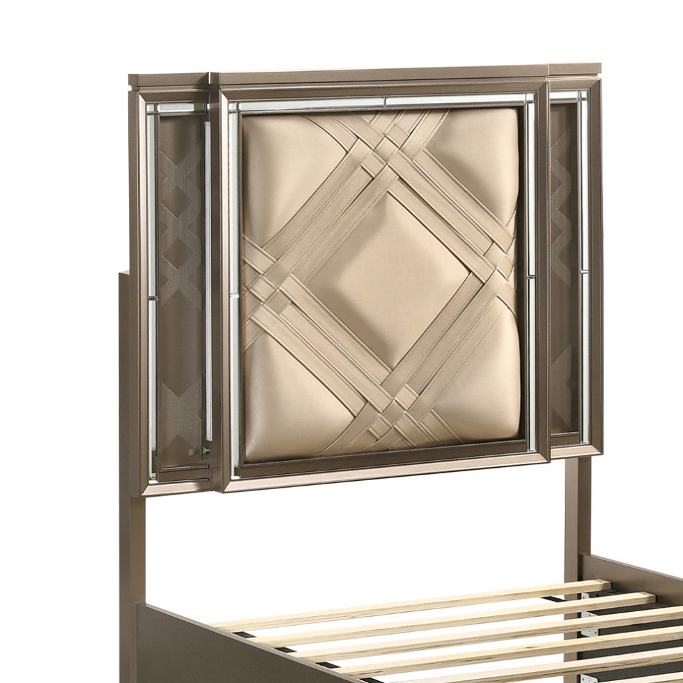 ACME Skylar Twin Bed With Storage, LED, PU and Dark Champagne