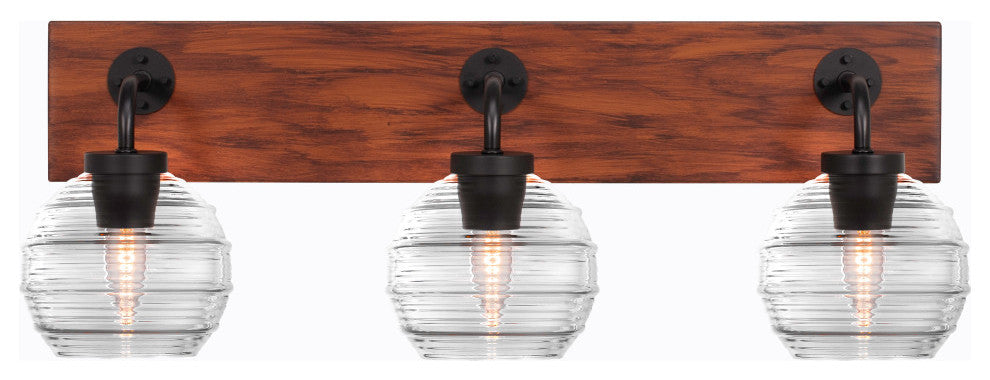 Oxbridge 3-Light Bath Bar, Matte Black & Painted Wood-look Metal/Clear Ribbed