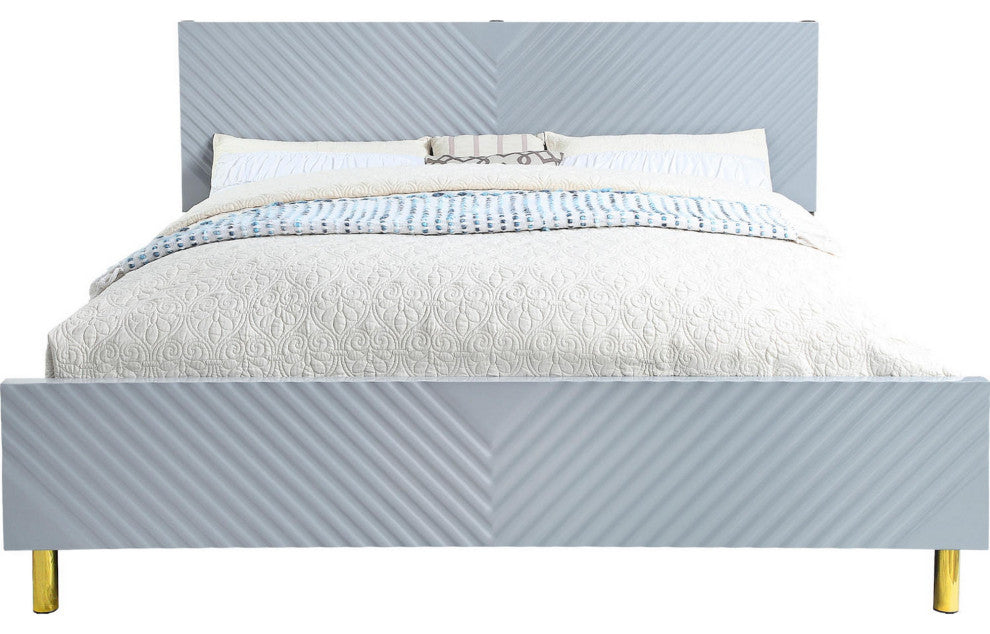 Benzara BM284005 Modern Queen Bed, Panel Headboard, Textured Slate Gray, Gold