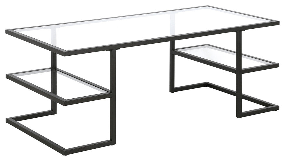 47" Black Glass And Steel Coffee Table With Two Shelves