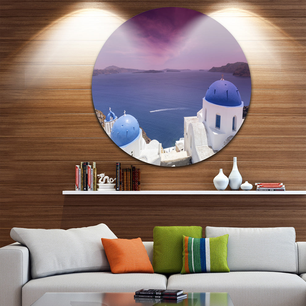 Blue Domed Churches On Caldera, Landscape Disc Metal Artwork, 36"