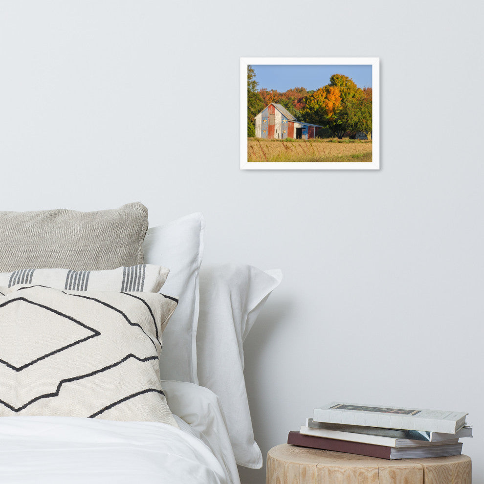 Patriotic Barn in Field Rural Landscape Framed Photo Paper Wall Art Prints, White, 11" X 14"