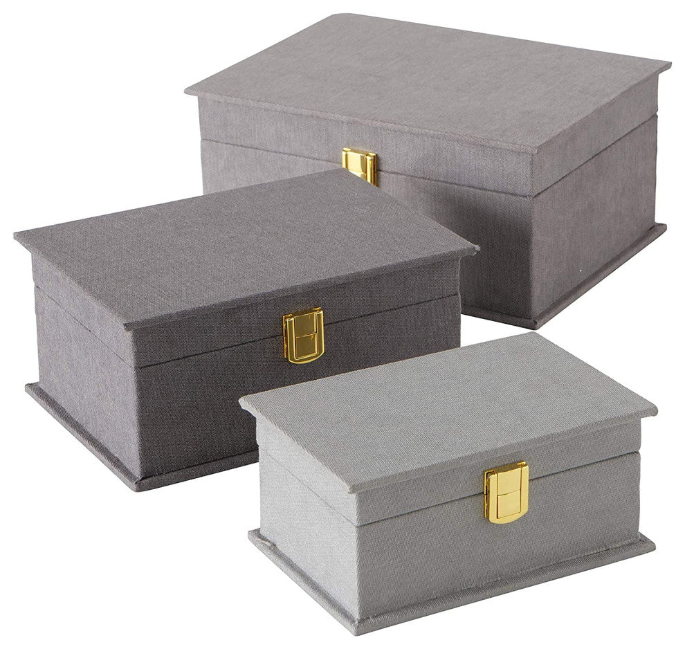 Grey Flannel Boxes With Gold Flip Latch Locks, Set of 3